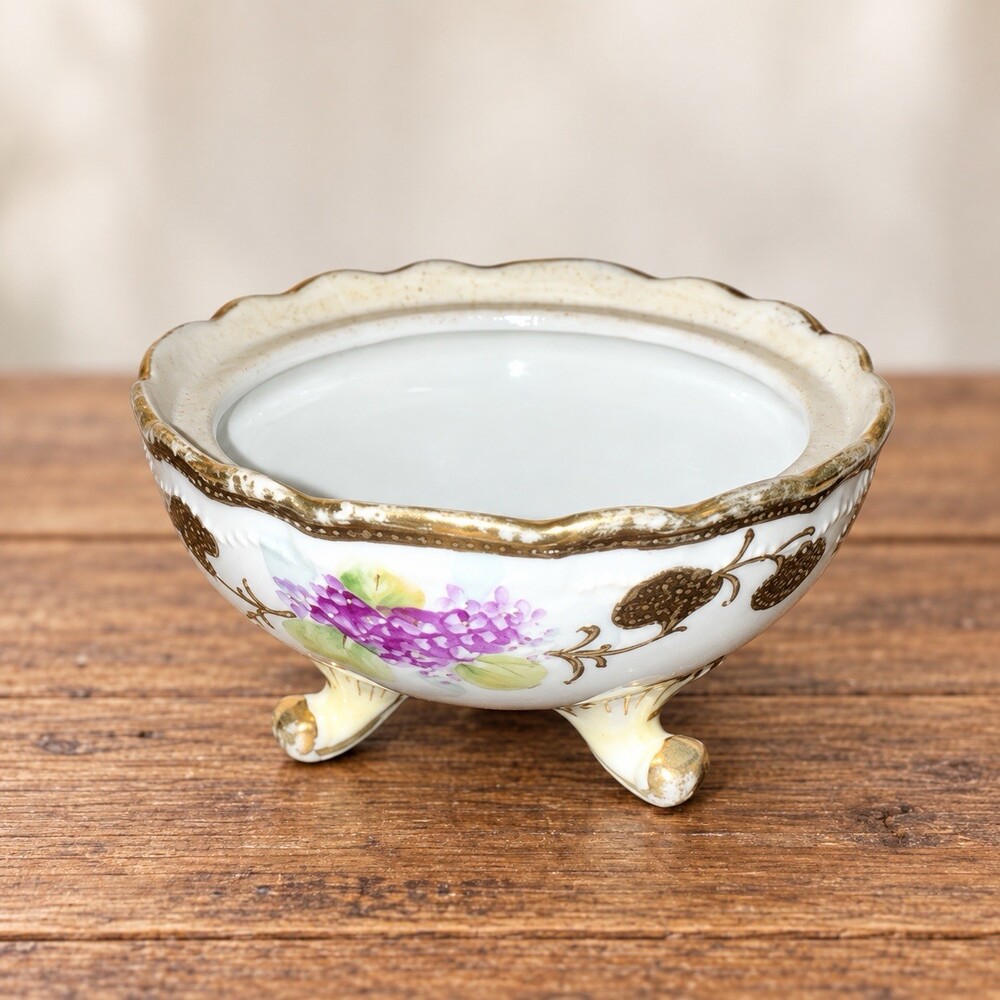 Antique Hand Painted Japan Porcelain Footed Bowl Purple Floral Gold Trim